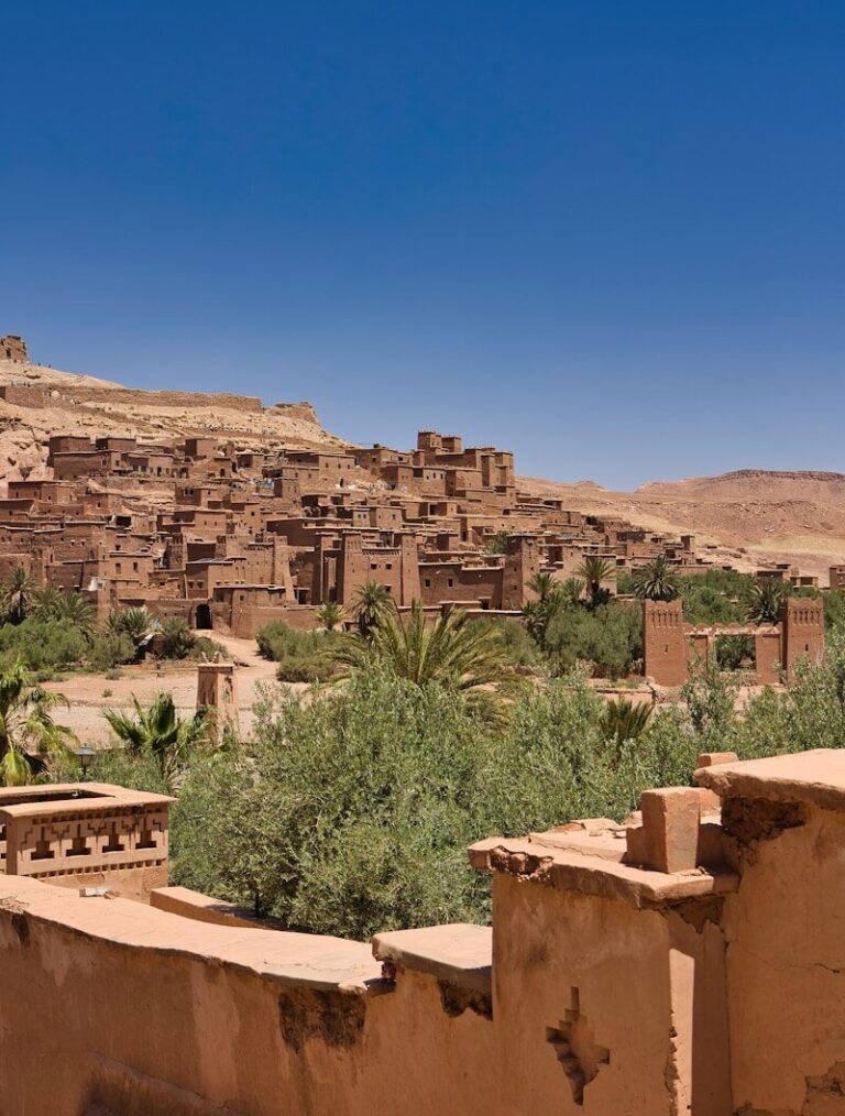 A village in the desert with a mountain in the background