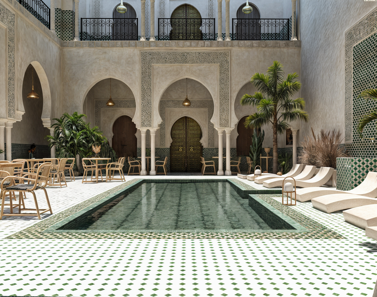 Home Elegant Moroccan courtyard with pool, arches, and green tiles showcasing traditional architecture.